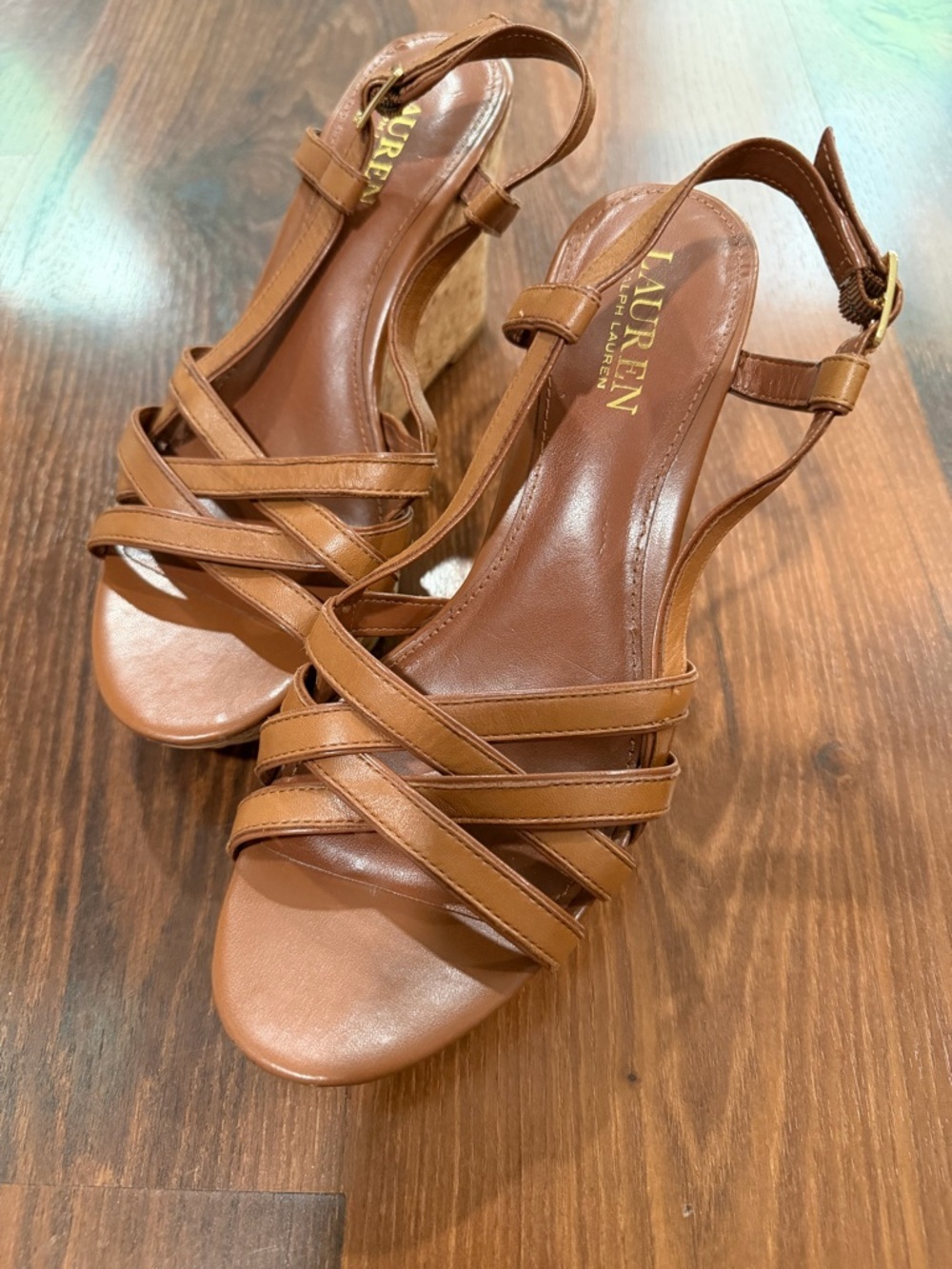 Lauren Ralph Lauren Brown Leather Cork Wedge Strappy Slingback Sandals! Size 7.5